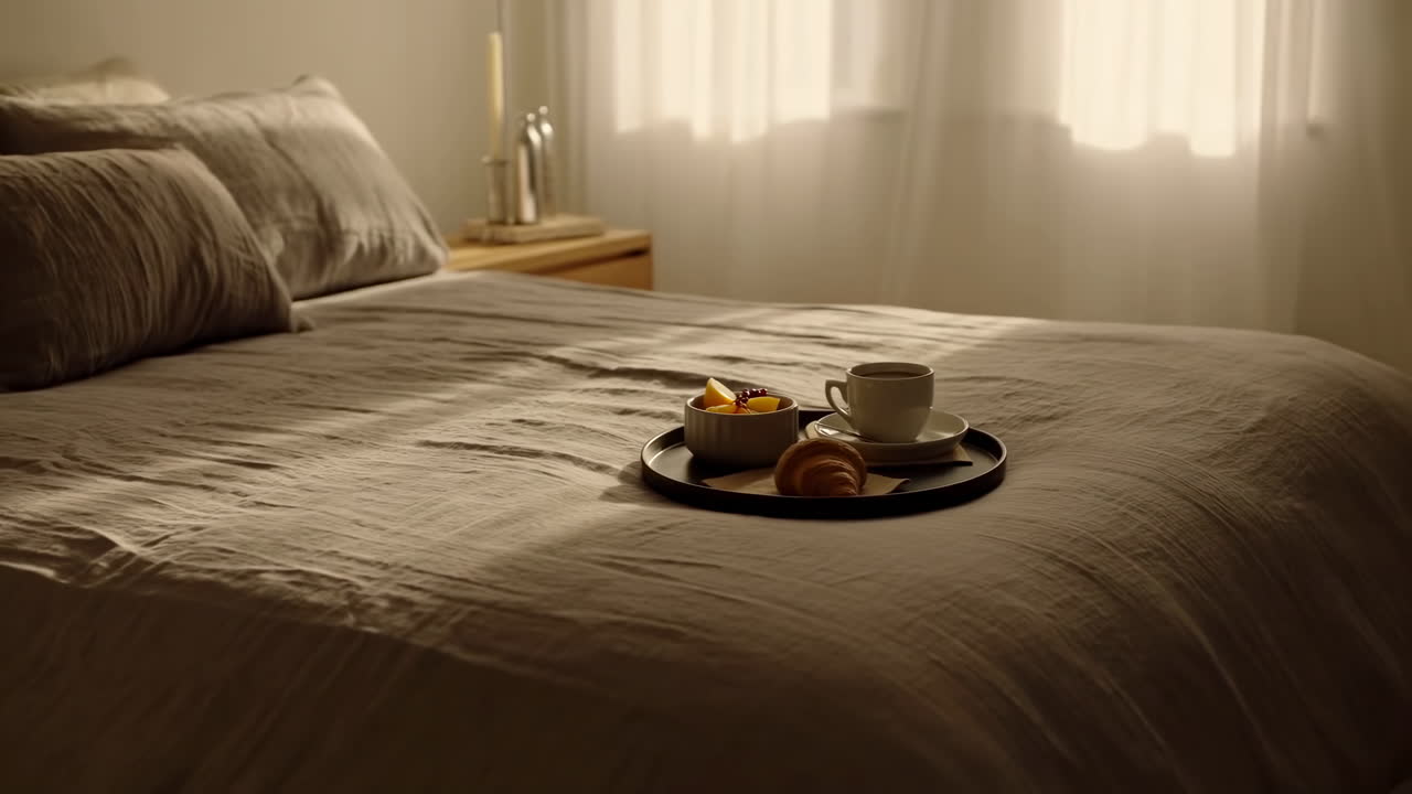 Sunlit Bedroom With Breakfast Tray On Bed, Warm Golden Light Through Sheer Curtains, Rumpled Linen, Ceramic