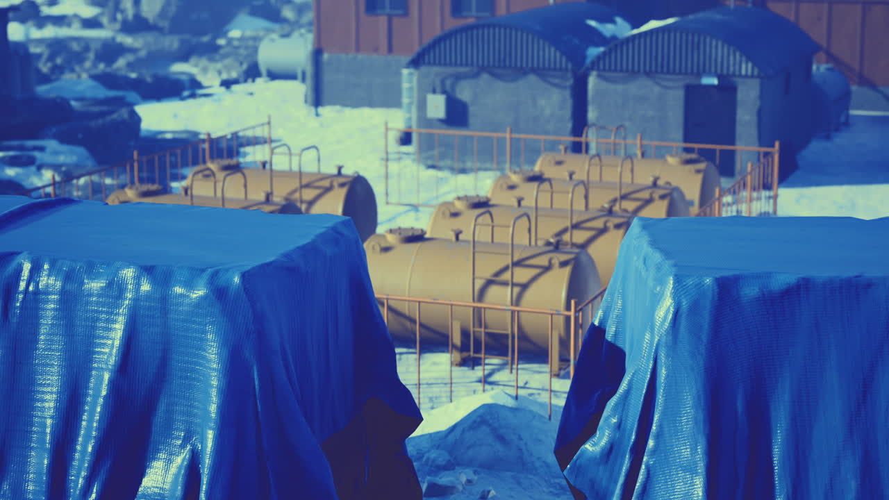 Storage tanks and machinery under protective covers in snowy landscape