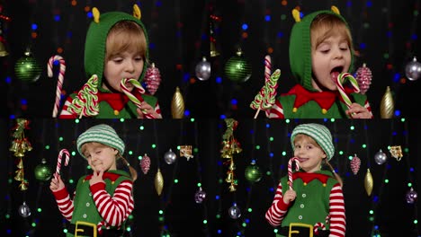 Kid-girl-in-Christmas-elf-Santa-Claus-helper-costume-licking-candy-cane-lollipop-caramel-sweets