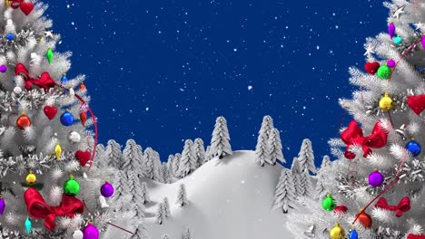 Animation-of-winter-scenery-with-christmas-tree-on-blue-background