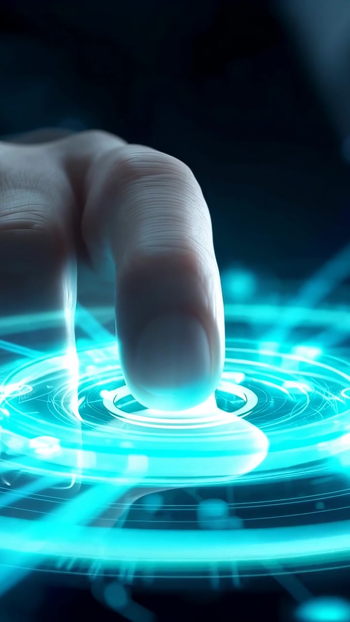 Vertical video: Hovering then pressing fingertip activating hologram node on dark desk, teal rings