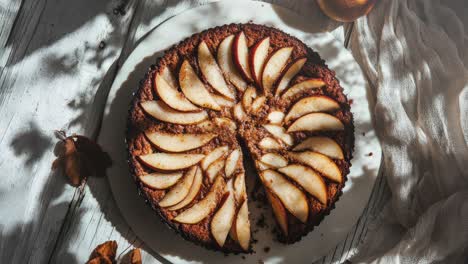 rustic pear tart on wooden table with autumn leaves
