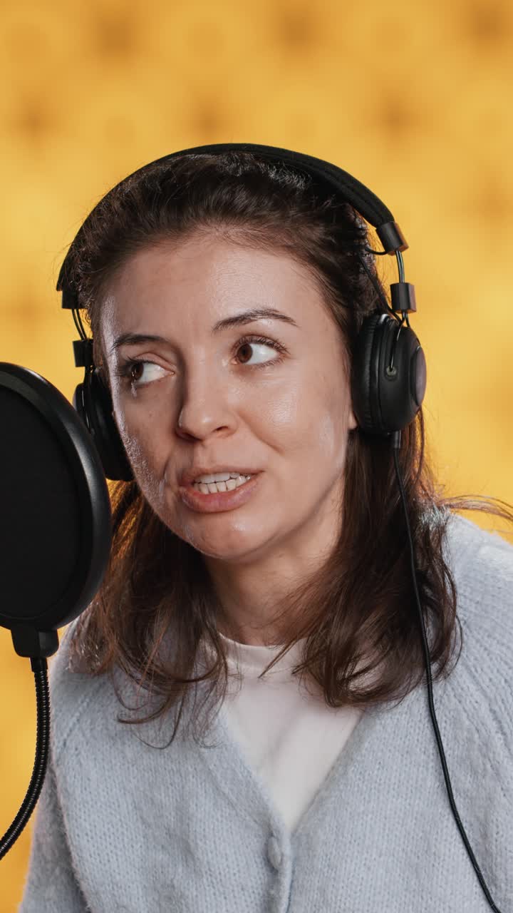 Donna che legge un libro al microfono con le cuffie