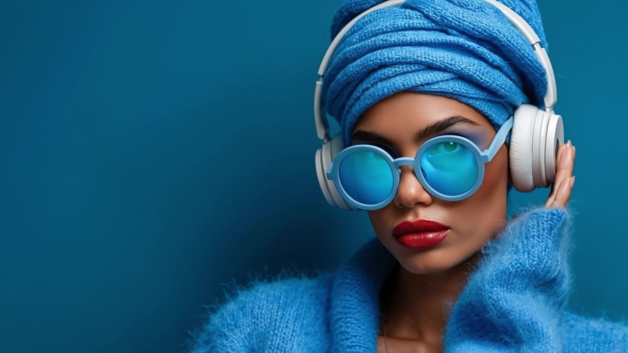 Wanita bergaya mengenakan turban biru dan kacamata hitam memakai headphone dengan latar belakang biru polos.
