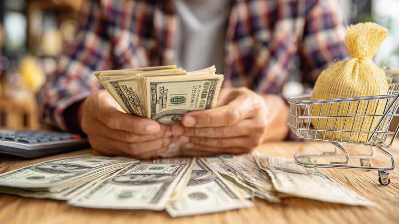 Contare denaro e gestire le finanze da vicino: un individuo concentrato che valuta i soldi in mano tra pile di banconote e risparmi.