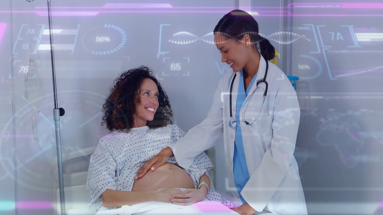 Doctor starting exam palpating pregnant belly checking fetal pulse monitor visible patient smiling