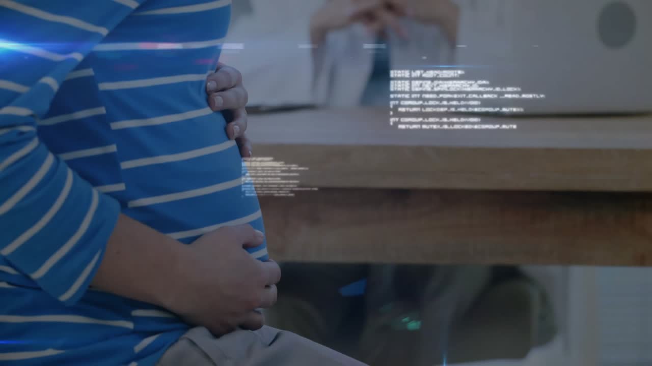 Pregnant patient lifting smartphone and generating hologram for health checkup with doctor watching
