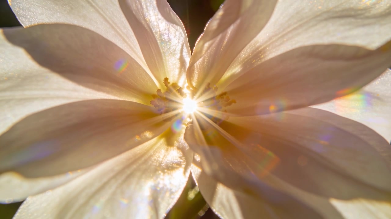 Flor de color crema pálido mostrando un estallido de luz mientras el sol incide en el estigma, revelando las venas de los estambres en un jardín.