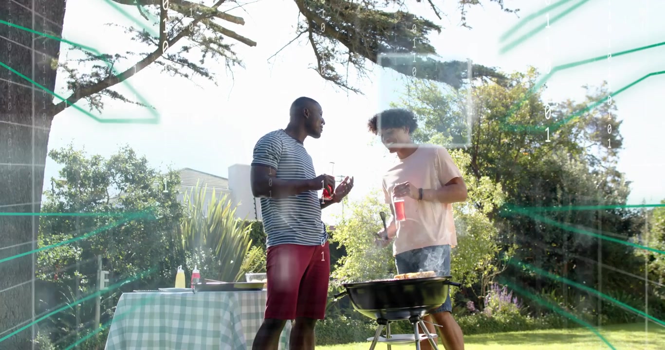 Two men sipping red cans, gesturing in yard initiating grid scanning overlay then flipping burgers