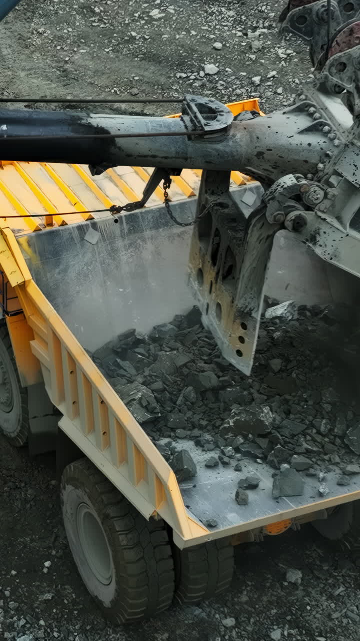 Heavy Excavator Loading Rocks into a Dump Truck at a Mine