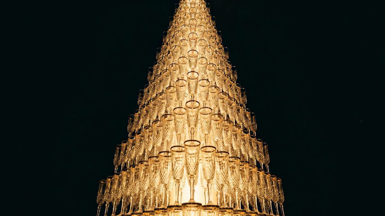 Elegant pyramide af glødende champagneglas til fejring