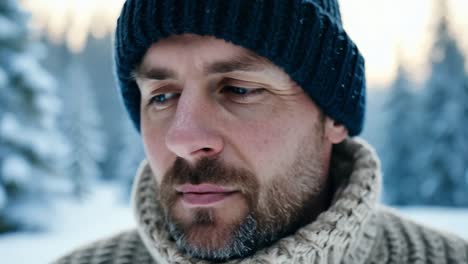 man standing in a snowy forest in winter