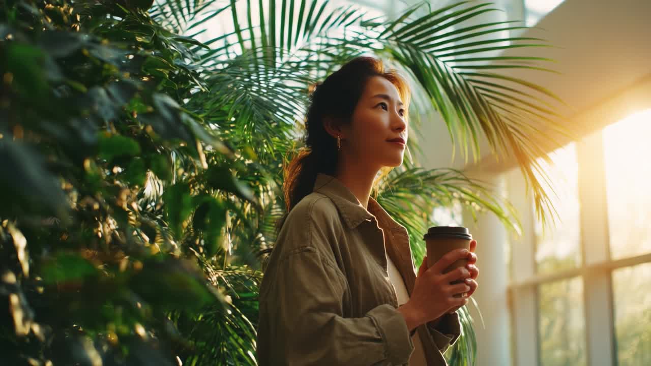 A serene woman stands amidst lush greenery holding a coffee cup, basking in the warm glow of sunlight filtering through the leaves, capturing a moment of tranquility and reflection in a natural setting