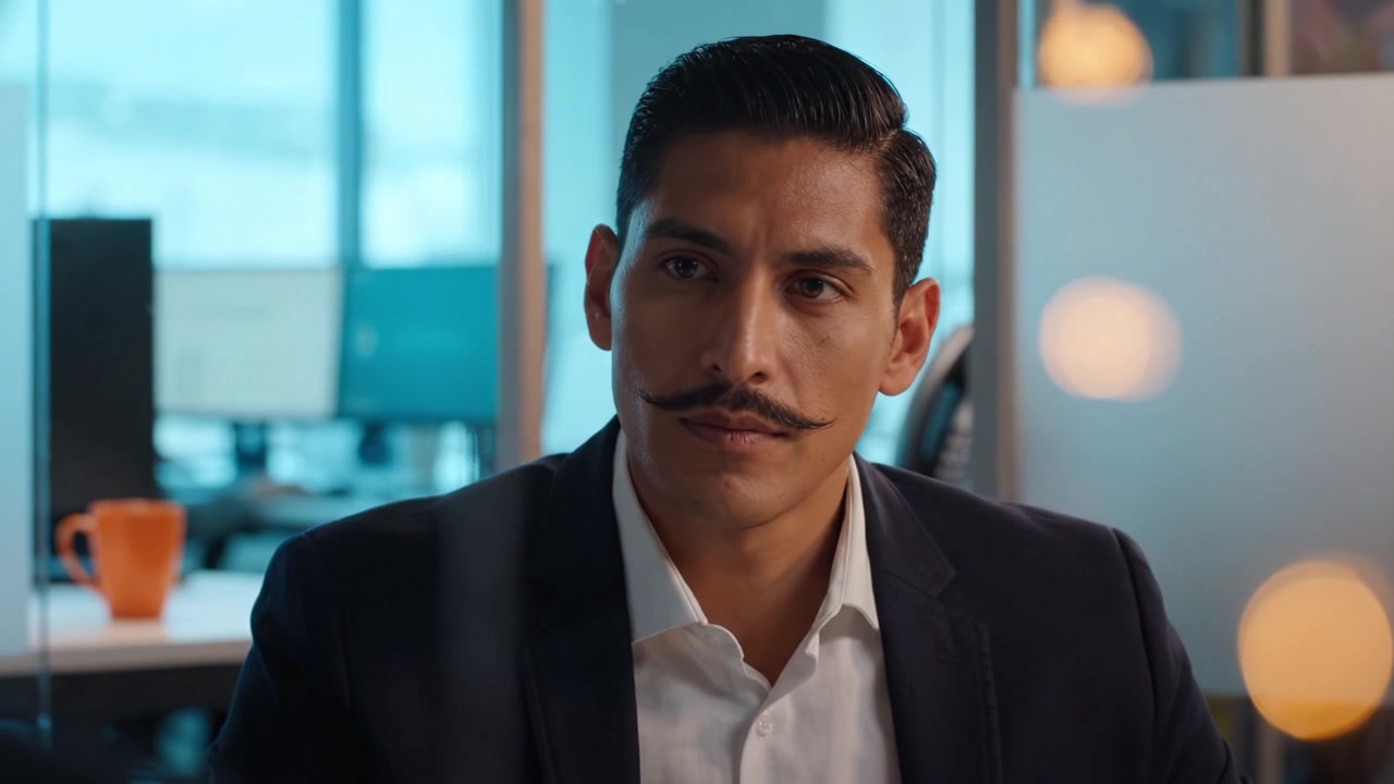 Confident Man with Distinctive Mustache in Business Attire Engaged in Discussion in Modern Office Setting - Focus on Expression and Professionalism