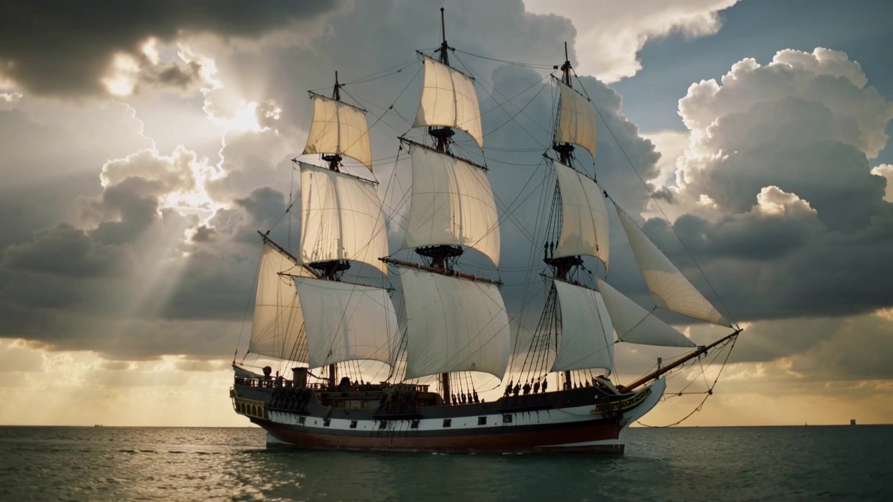 Sailing three-masted ship maintaining steady course across calm sea, square sails filled by breeze