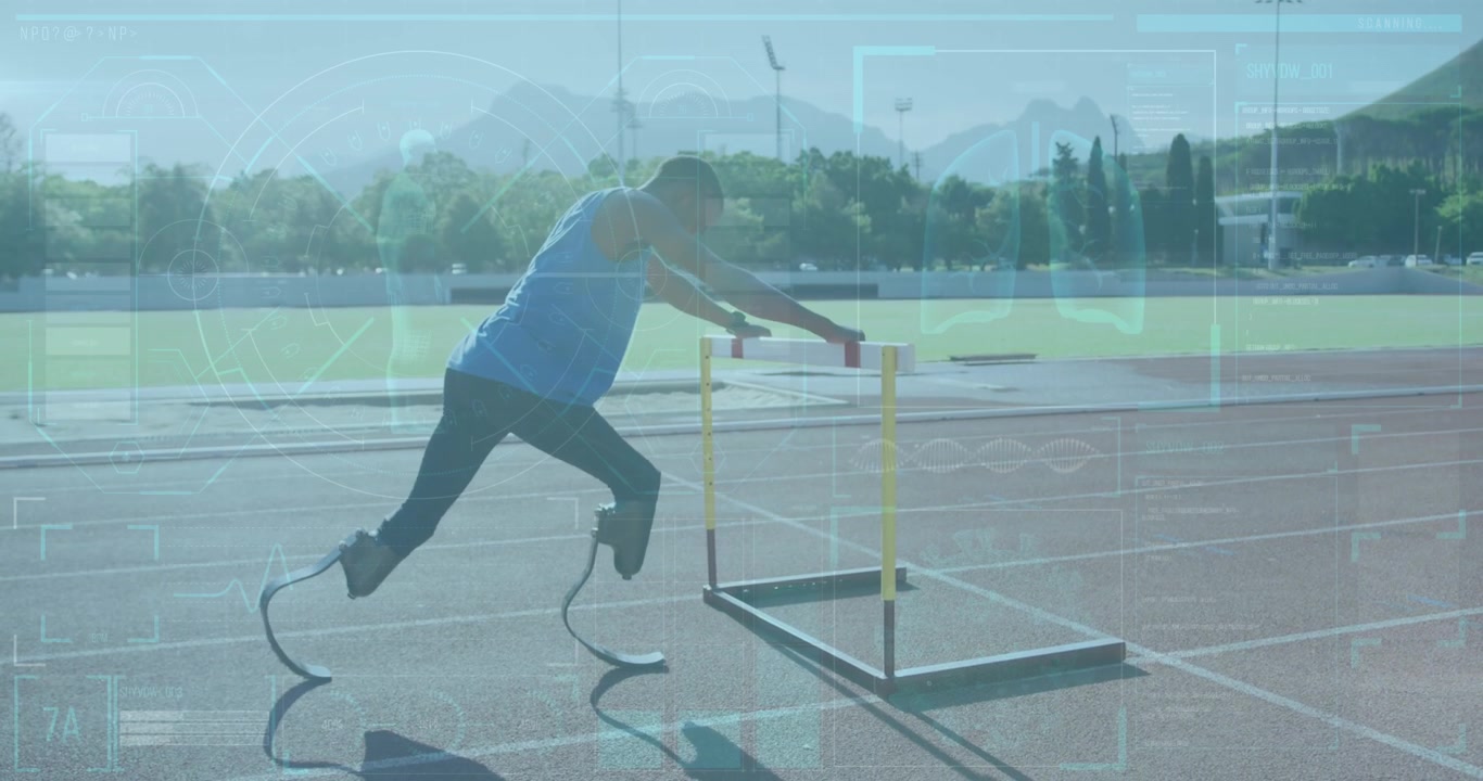 Animation of digital screen over african american man with running blade training at stadium