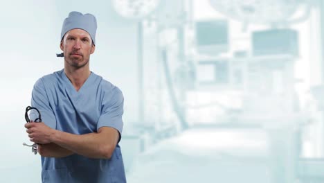 Animation-of-portrait-of-male-doctor-holding-stethoscope-over-out-of-focus-hospital