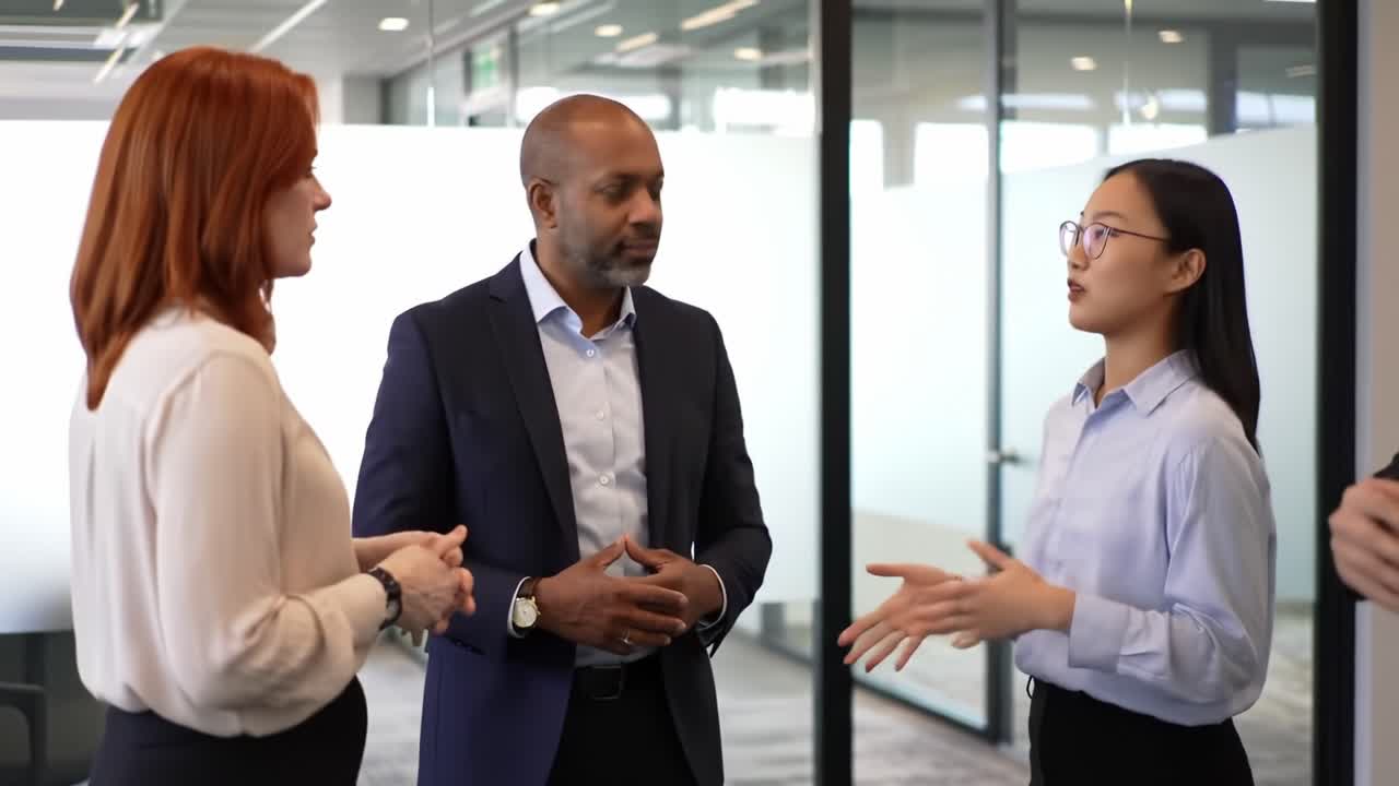 Business Meeting Dynamics: Engaging Discussion Among Professionals in Modern Office Environment Showcases Effective Communication and Collaboration