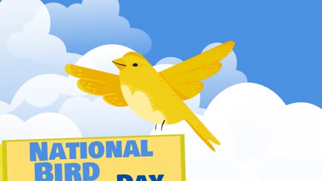 digital animation of national bird day text banner and yellow bird icons against clouds in the sky