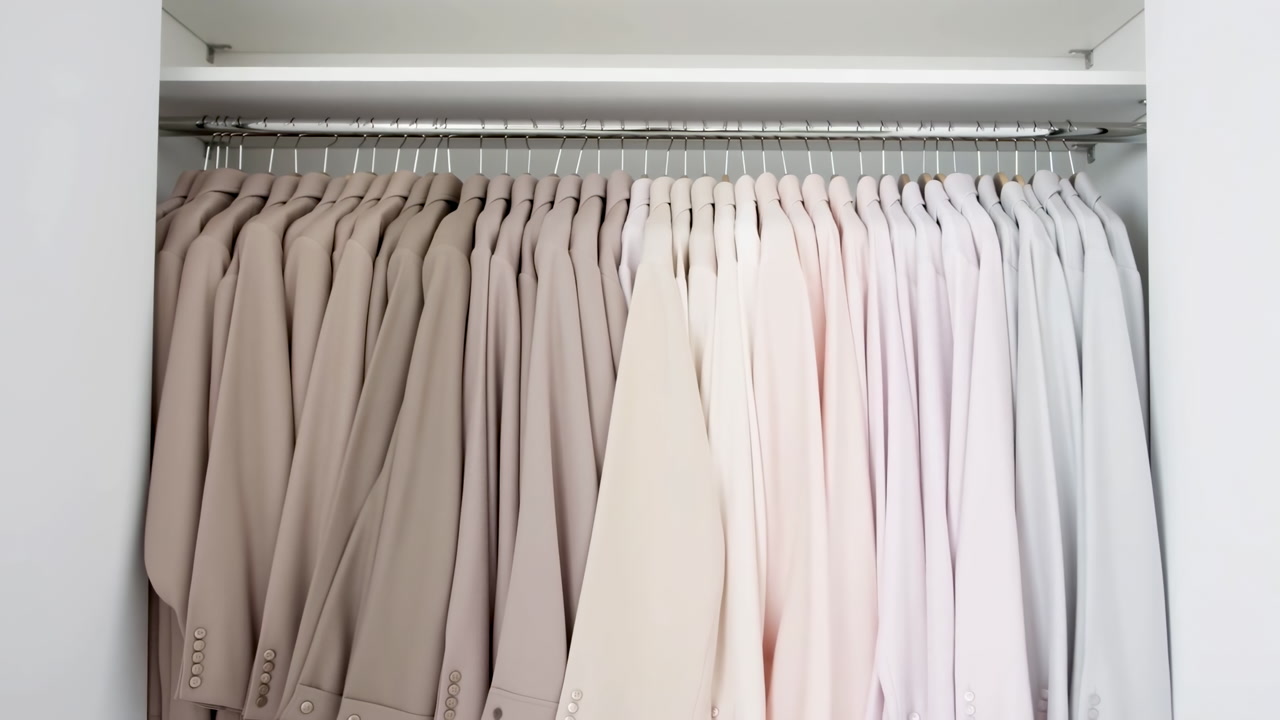 Row of Neutral and Pastel Blazers Hanging in a Closet