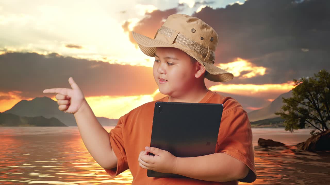niño asiático con un sombrero y binoculares usando una tableta luego sonriendo y señalando hacia un lado en un lago. niño investigador examina algo, concepto de aventura de viaje, de cerca