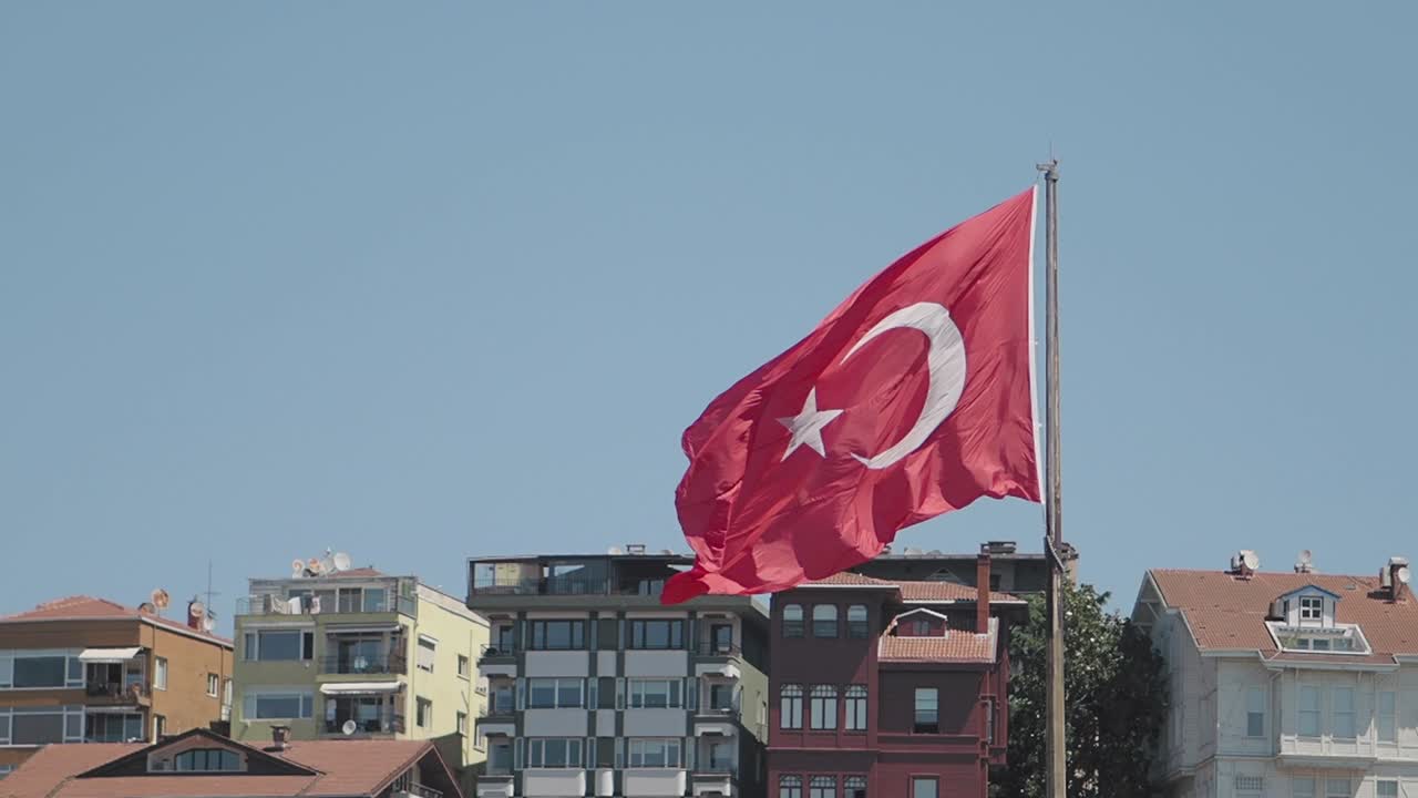 Turkish Flag Waving Above Buildings in Istanbul