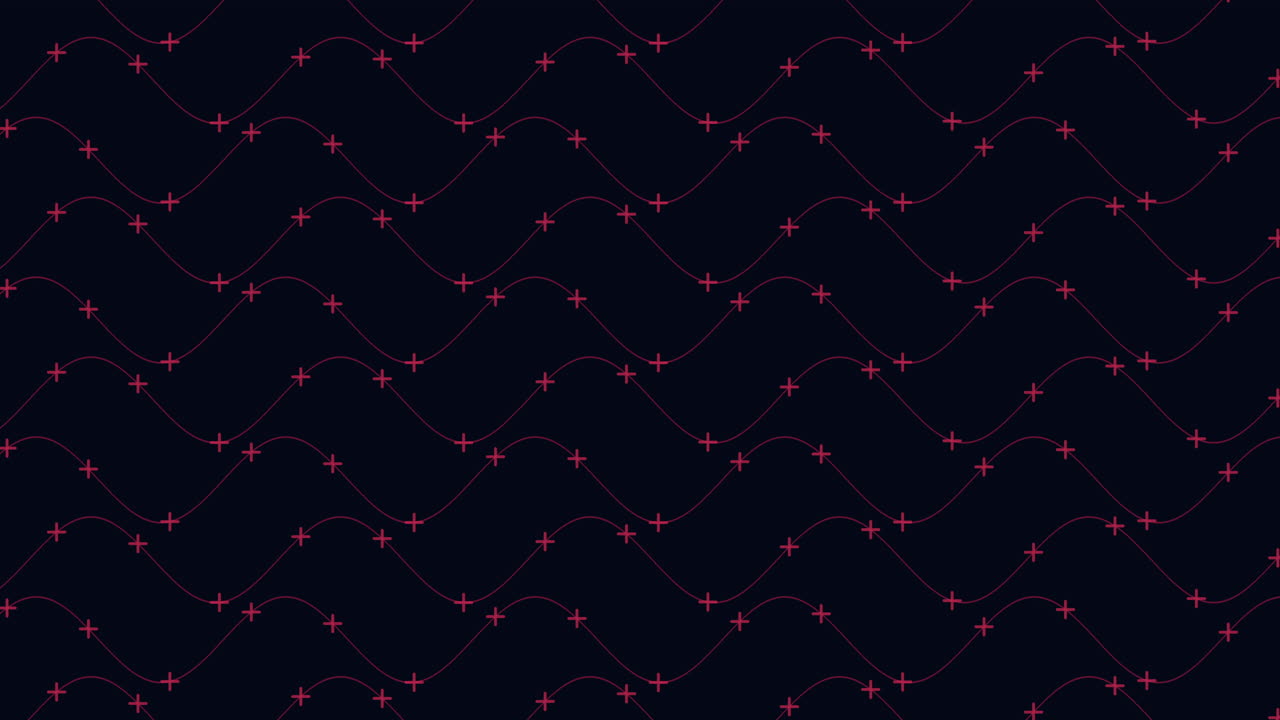 Seamless abstract geometric background footage with wavy lines and small pink cross marks on dark navy. Minimal modern pattern for motion design, tech themes, and titles