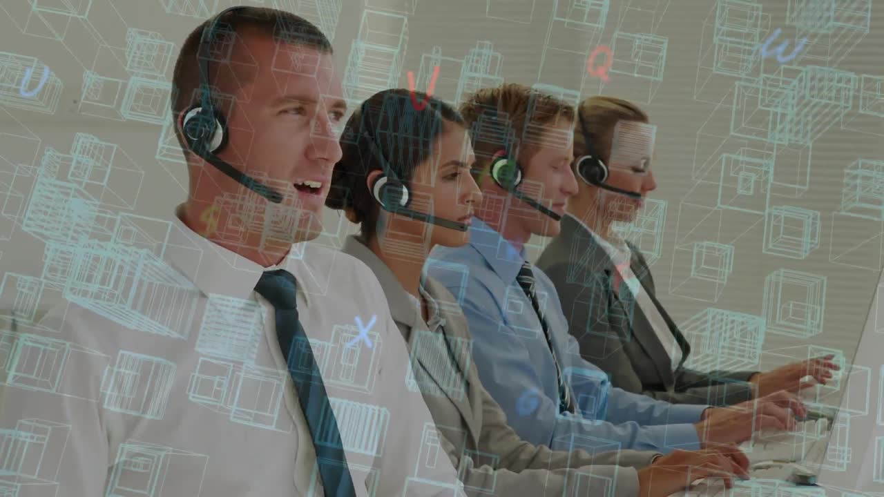 휴대폰 헤드 ⁇ 을 착용 한 사업가 들 위 의 문자 와 함께 도시 계획 의 애니메이션