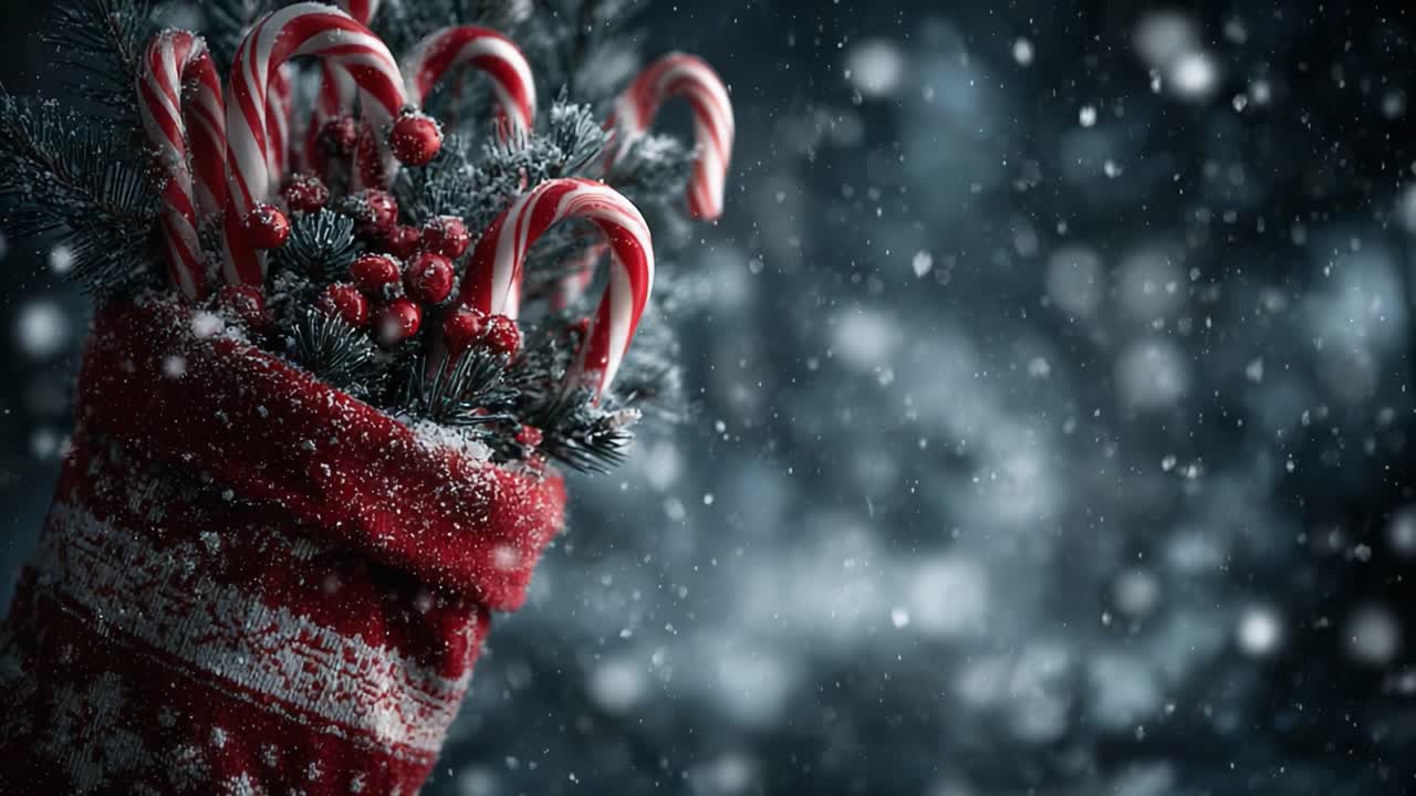 A cozy holiday scene featuring a festive red stocking filled with candy canes and berries, surrounded by gently falling snowflakes creating a magical winter atmosphere