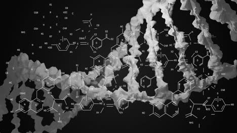 Animation-of-chemical-structures-over-dna-strand-spinning-on-black-background