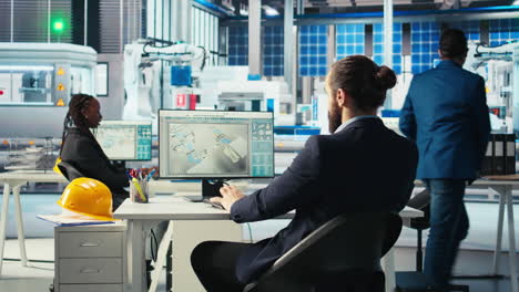 photovoltaics factory engineer drinking coffee analyzing data