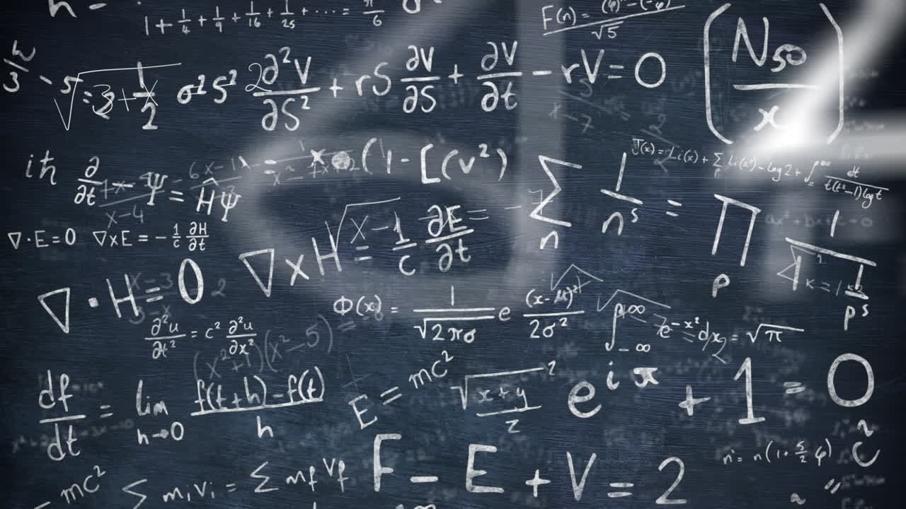 animación digital del icono del microscopio contra ecuaciones matemáticas en fondo azul