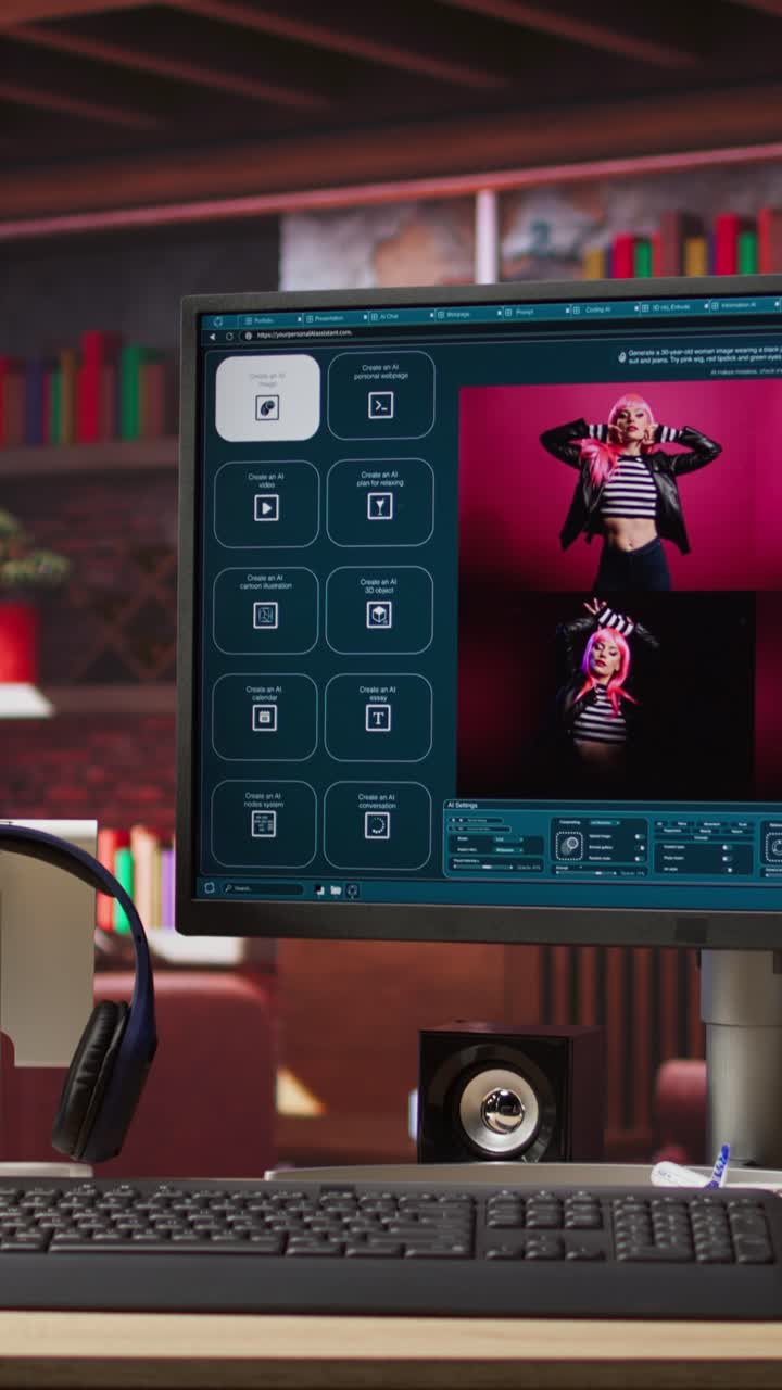 Vertical video AI virtual assistant on computer screen outputting high resolution photos