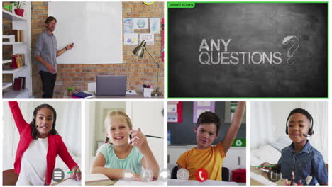 animation of video call screens of chalkboard and diverse teacher and children having online lesson