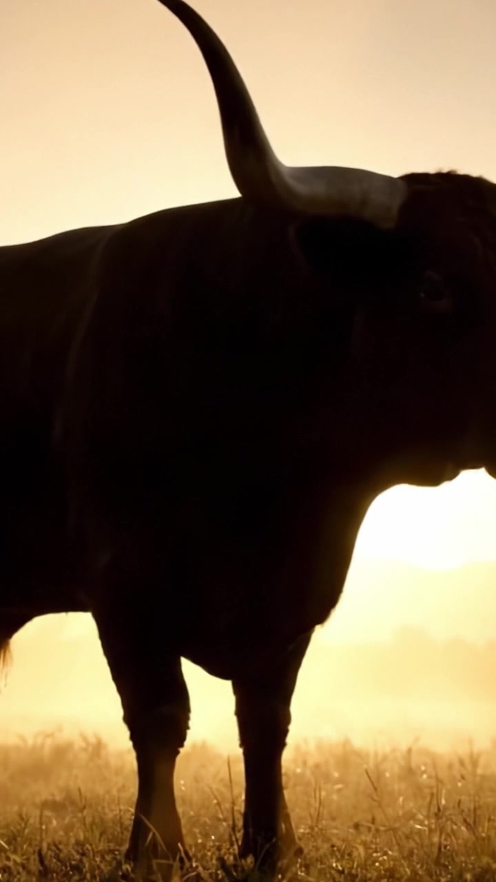 Una maestosa silhouette di un Longhorn su un orizzonte nebbioso all'alba, che cattura il calore e la tranquillità della luce mattutina della natura