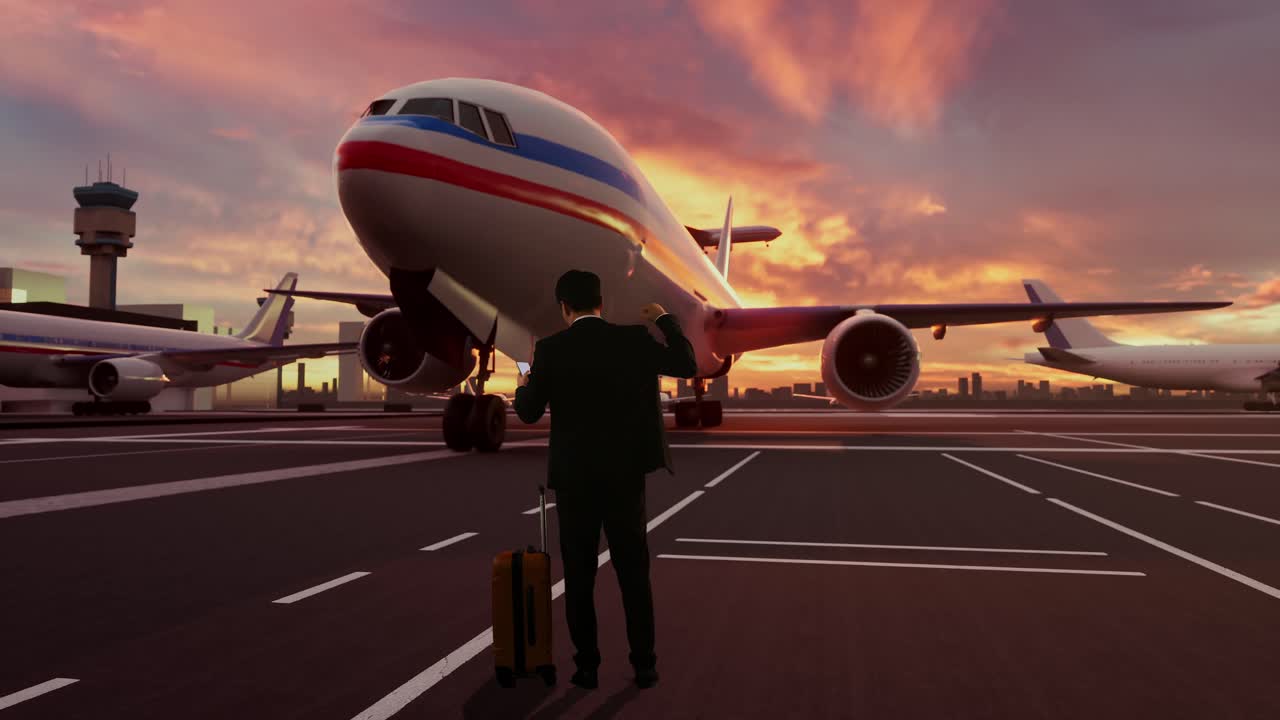 Uomo d'affari asiatico con valigia festeggia guardando lo smartphone con aereo in partenza al tramonto