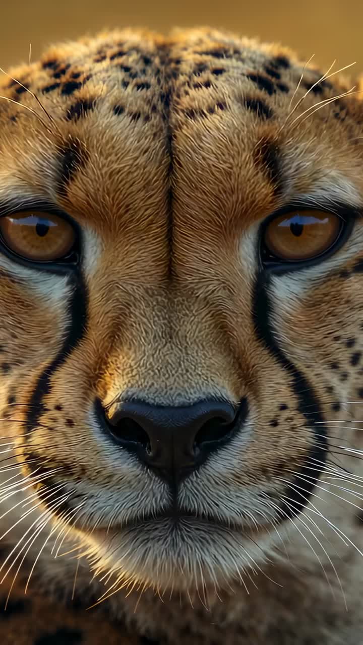 Video verticale: ghepardo adulto che sobbalza durante i fotogrammi che iniziano in pianura, mostrando occhi color ambra