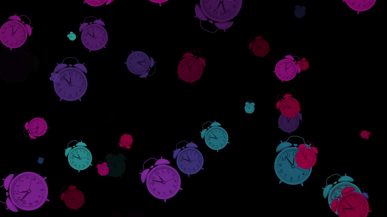 reloj de despertador volador con bucle abstracto de 4k, fondo negro
