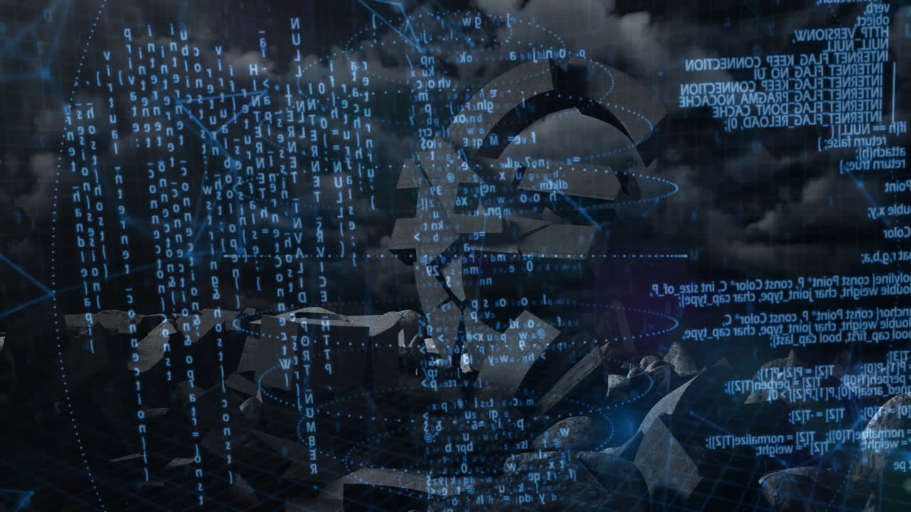 Animation of digital code merging with abstract shapes and cloudy background