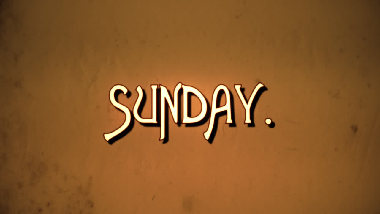 문자 메시지, 멋진 레트로 폰트, 1970년대 손상된 영화 스타일, 문자 확대 애니메이션으로 나타납니다: 일요일.