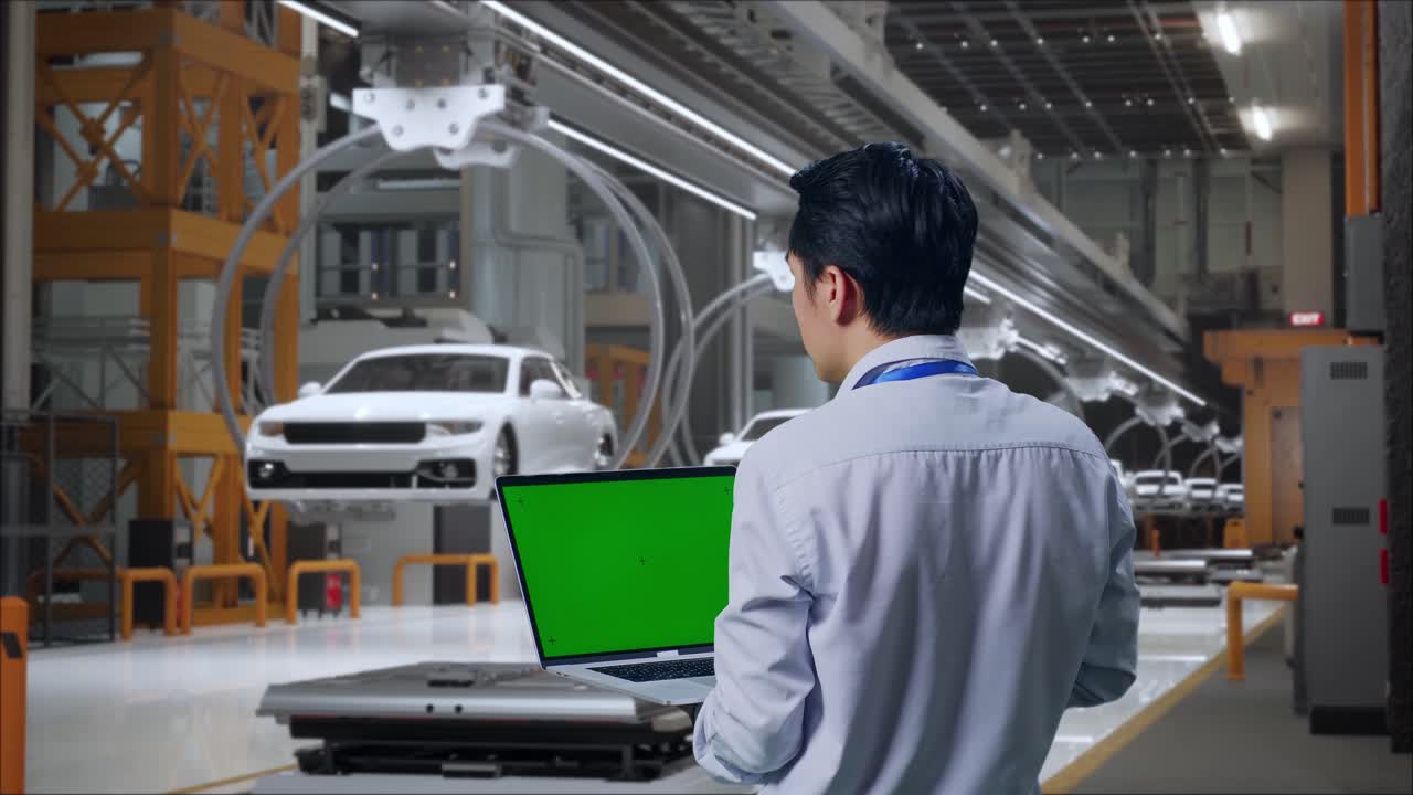 아시아 남성 직업 노동자가 ev 자동차 공장, 하이테크 산업 시설에 서서 녹색 화면으로 노트북 키보드에 타이핑하고 공장을 한 번 보십시오.