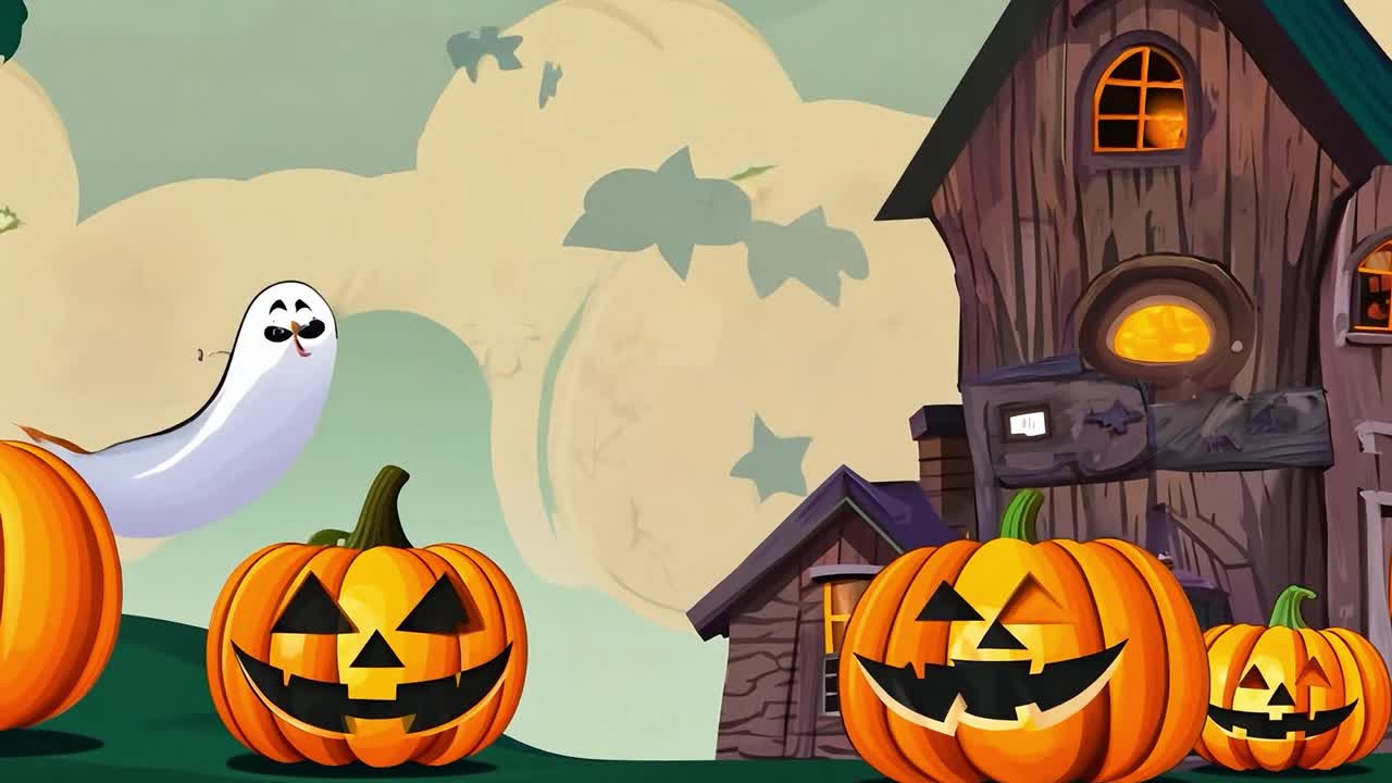 Scena di Halloween con zucche intagliate e una casa stregata