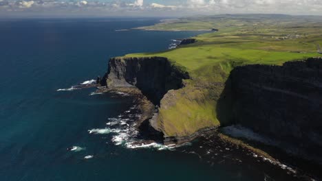 Cliffs-of-Moher-landscape-panorama-of-Ireland-Atlantic-coast,-aerial-wide-angle