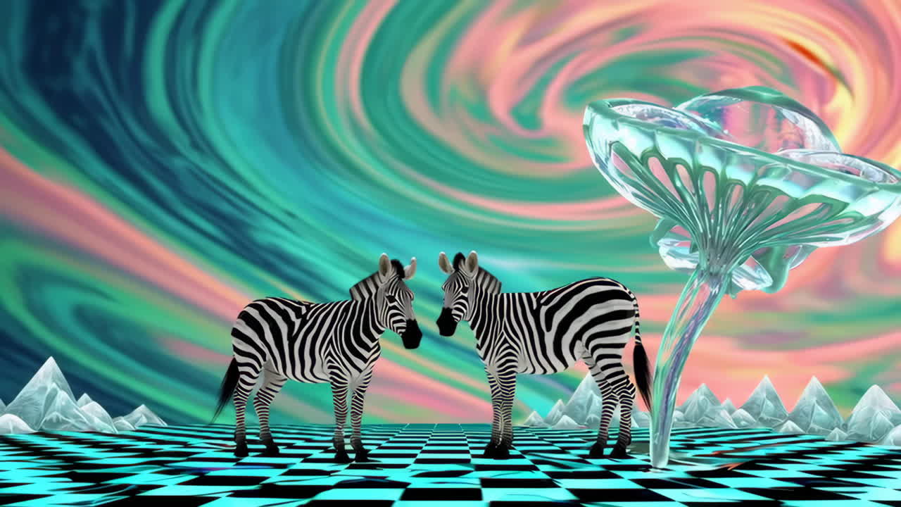 Surreal Zebra in a Psychedelic Checkerboard Landscape