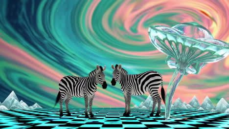 surreal zebra in a psychedelic checkerboard landscape