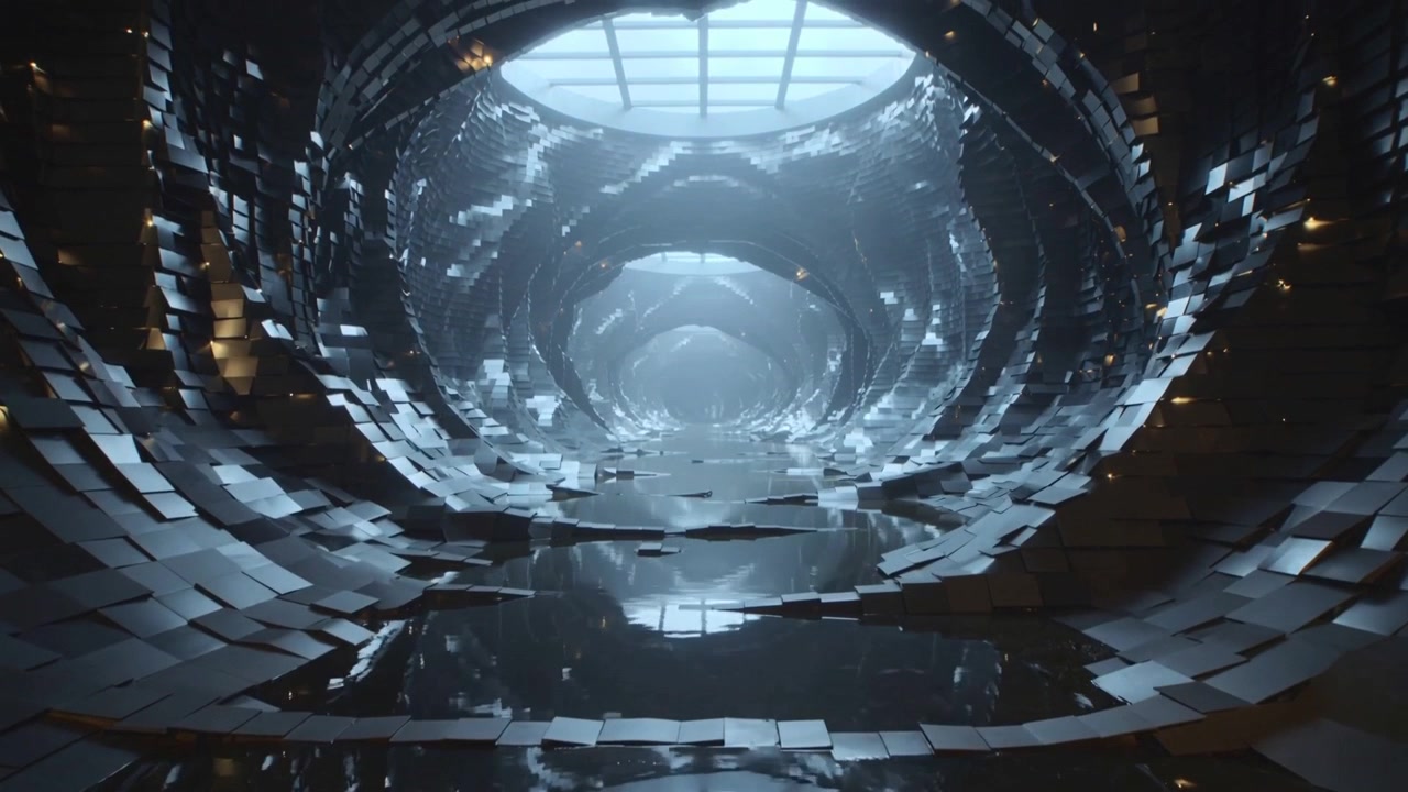 Futuristic Abstract Tunnel with Reflective Metallic Surfaces