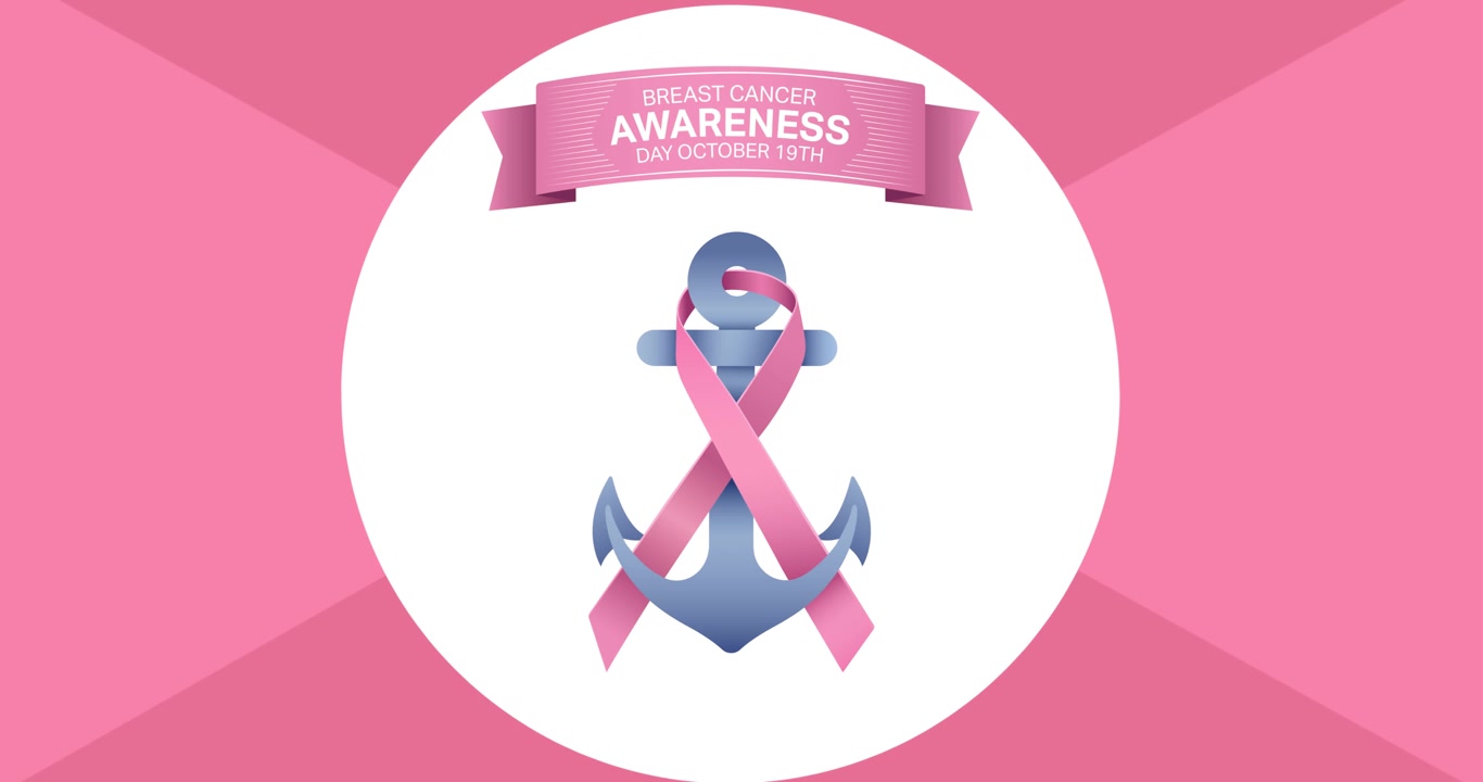 Animação de logotipo de âncora de fita rosa e texto 'Câncer' aparecendo em fundo rosa