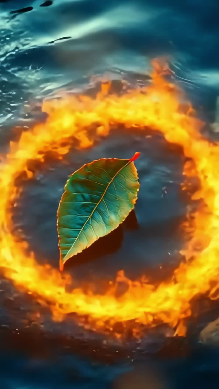 Leaf floating in fiery ring on water. A green leaf floats peacefully in a fiery orange ring on calm water surrounded by stones.