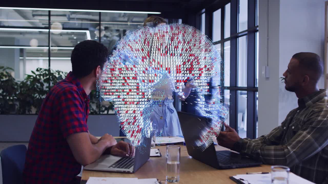 Digital globe appearing, woman presenting business plan while globe rotating, obscuring, revealing