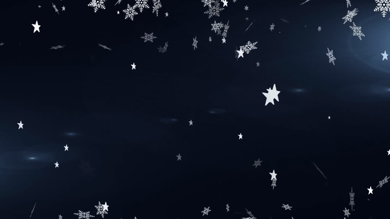 Digital animasjon av flere stjerner og snøflak som faller mot en blå bakgrunn.
